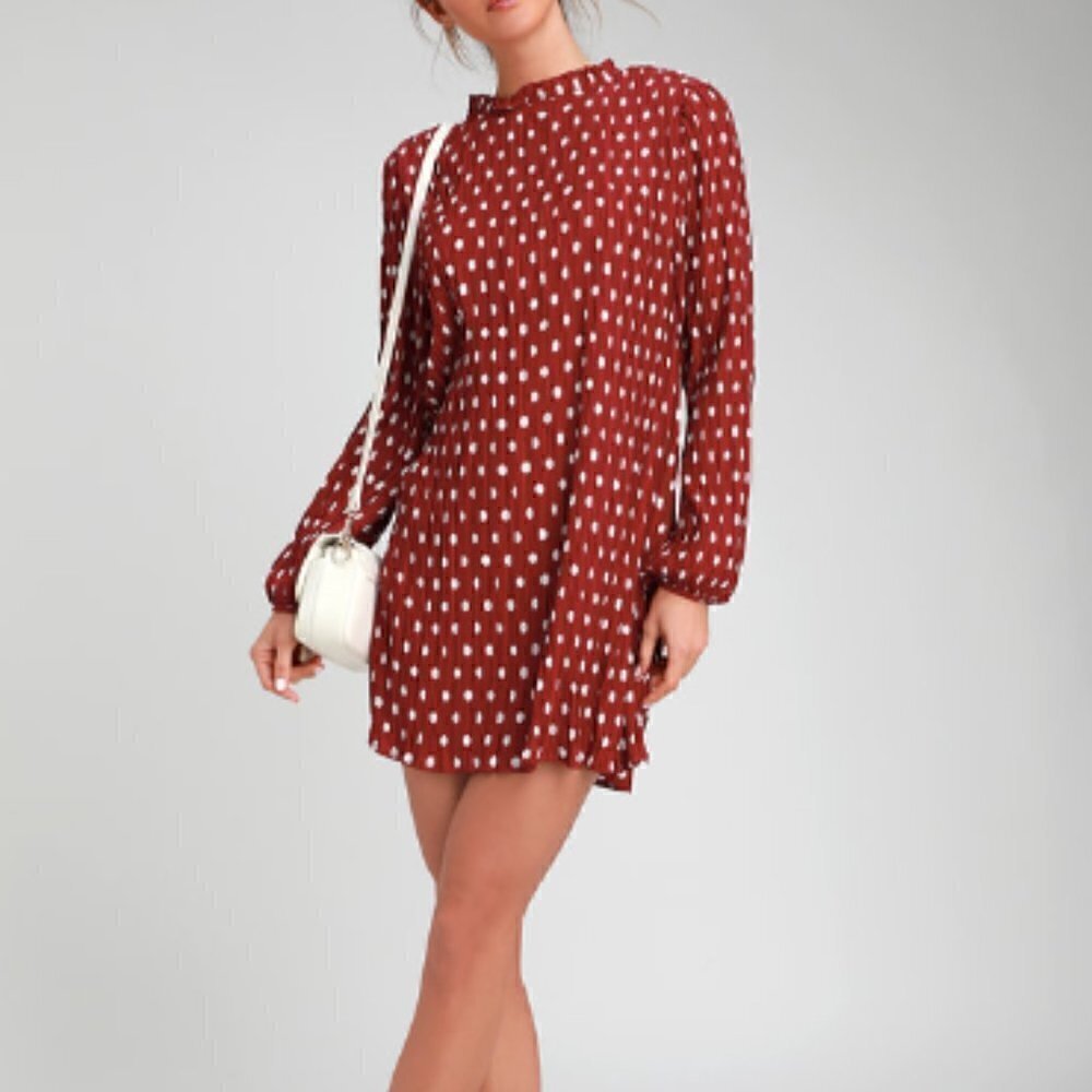 Lulus Pleat to Meet You Wine Red Polka Dot Long Sleeve Shift‎ Dress